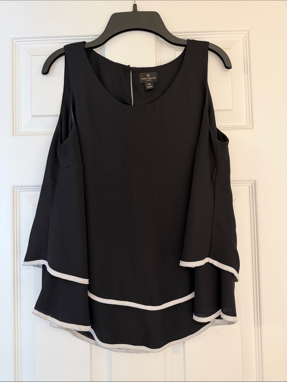 Worthington Black Cold-Shoulder Blouse with White Trim